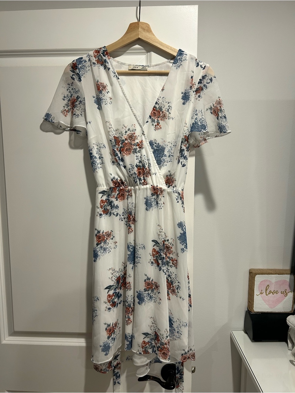 Dex Floral Midi Wrap Dress - White with Blue & Rust Floral Print